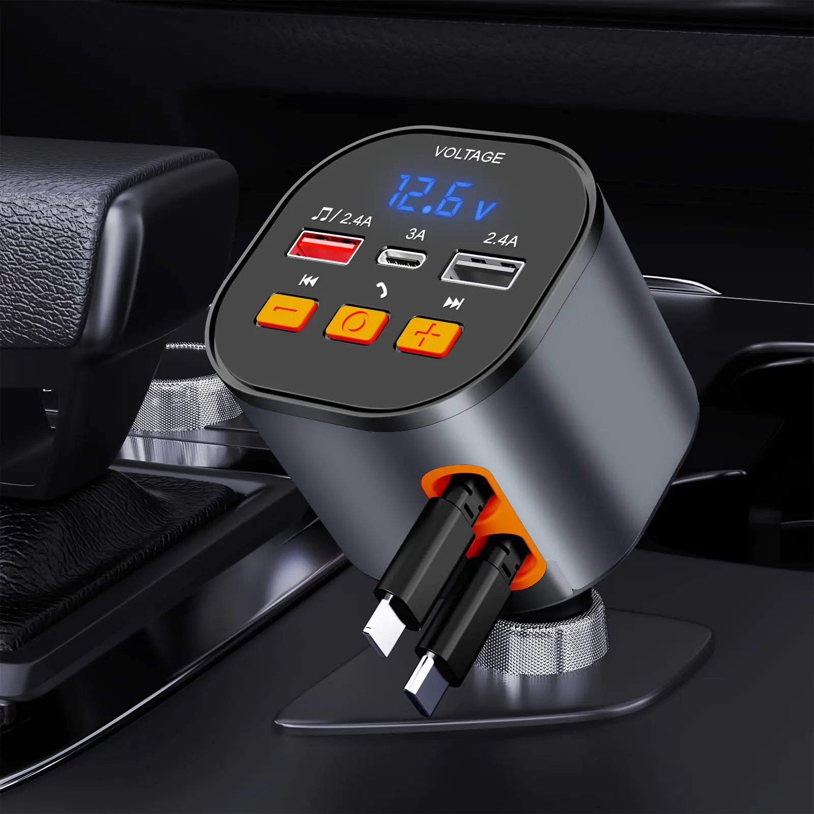 COCIVIVRE Bluetooth 5.3 FM Transmitter AdapterHandsfree Call Car ChargerDual USB+Type-C Port Charging & 2 Retractable Cable Car Charger PD 30WWireless Bluetooth Car KitMP3 Player Support USB Disk