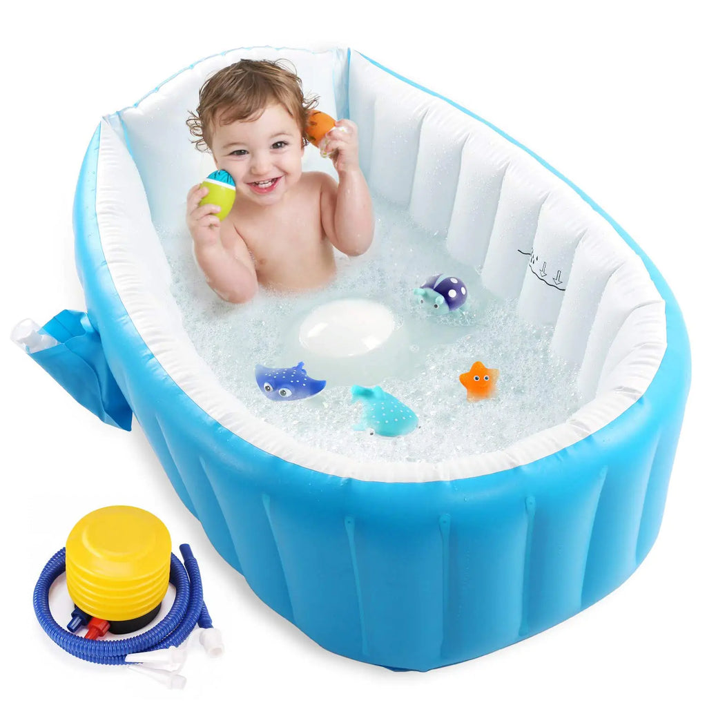 Baby Inflatable Bathtub Portable Infant Toddler Bathing Tub Non Slip Travel Bathtub Mini Air Swimming Pool Kids Thick Foldable Shower Basin with Air Pump Blue