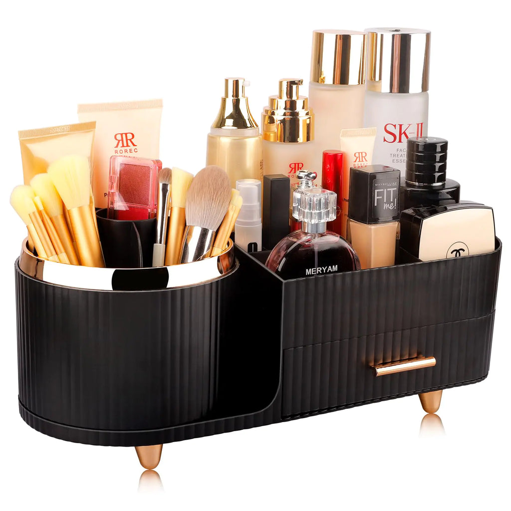 Beborxue 360° Rotating Makeup Organizer for Vanity with Drawers Large Capacity Cosmetic Display Case skincare organizer Cosmetic Organizer for Lipstick Skincare Brushes Eyeshadow (Black)