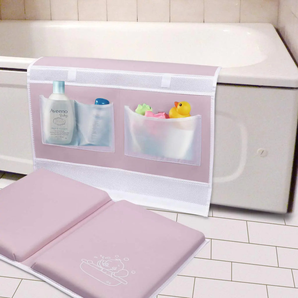 Bath Kneeler and Elbow Rest 1.5" Thick Kneeling Mat with Toy Organizer - Bath Kneeling Pad for Baby Bath Time Garden Work Exercise - Detachable and Foldable Bathtub Mat for Parents - Pink
