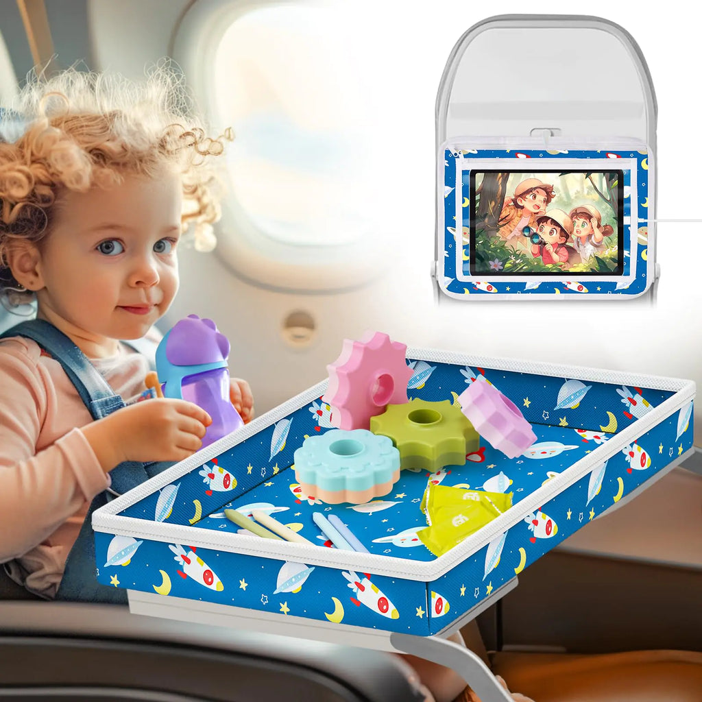 NiBaby Multifunctional Travel Tray Table Cover for Children Airplane Travel Essentials Space-Saving Easy Fold Design Converts into Tray Tablet Holder Storage Organizer (Blue)