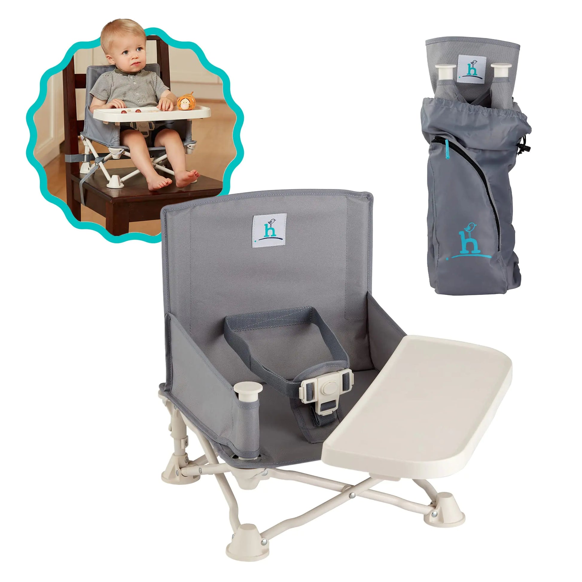 hiccapop OmniBoost Travel Booster Seat with Tray for Baby Dining Table Camping Beach Grandma’s | Folding Portable Tip-Free Design Straps to Kitchen Chairs