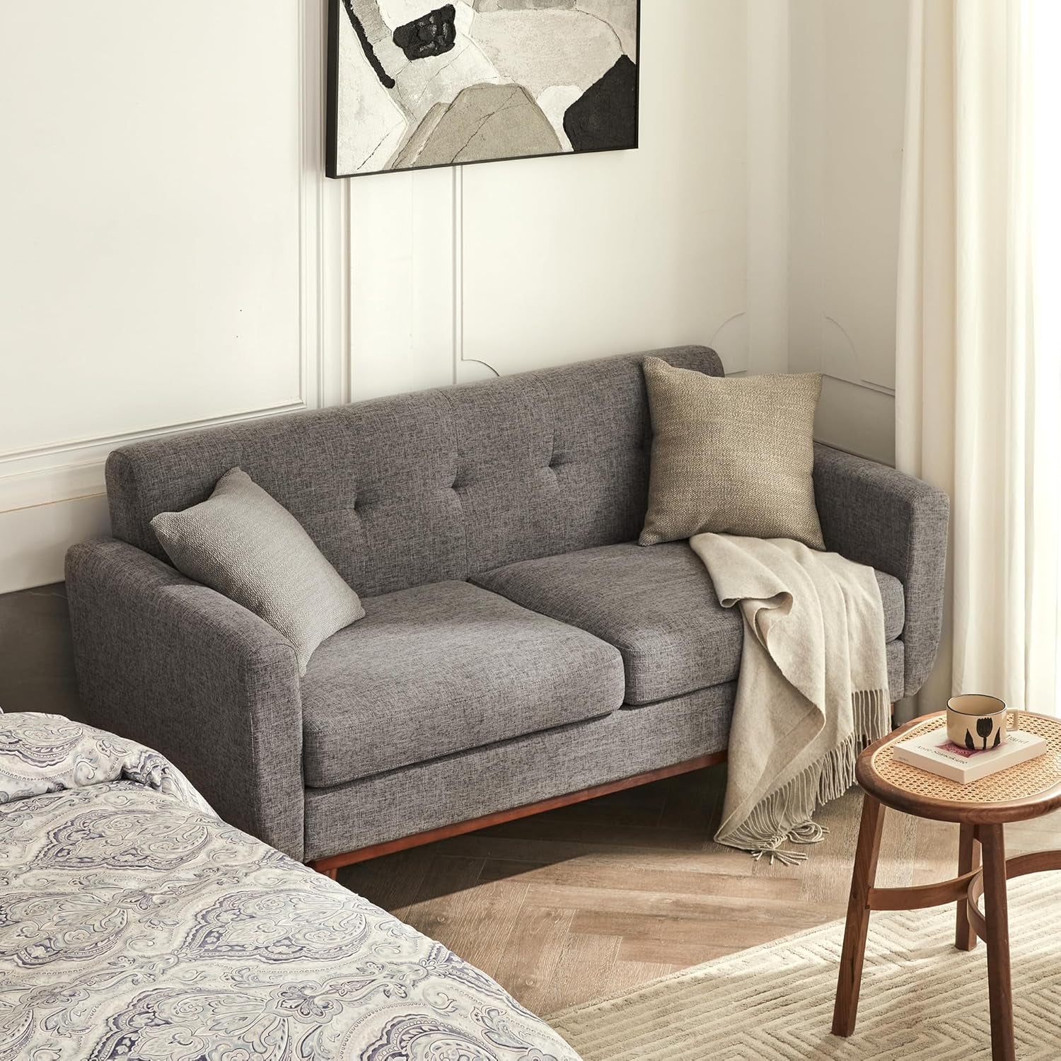 Grey Mid Century Modern Loveseat Sofa 65.3 Inch Living Room