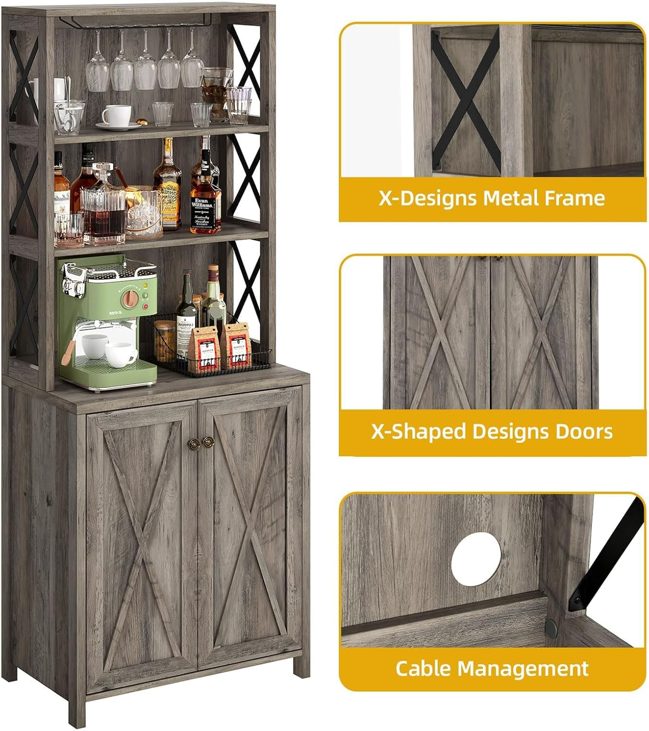 67" Farmhouse Wine Bar Cabinet Liquor Glasses Grey