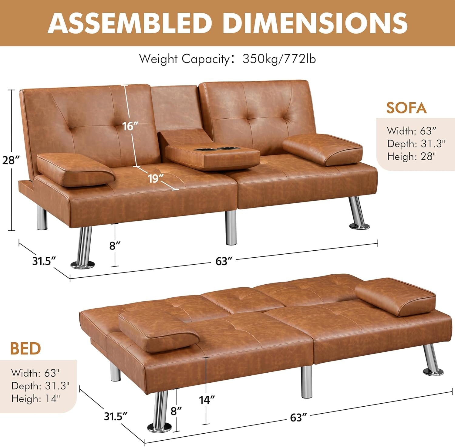 Faux Leather Convertible Sofa Bed Cup Holders And 3 Angles