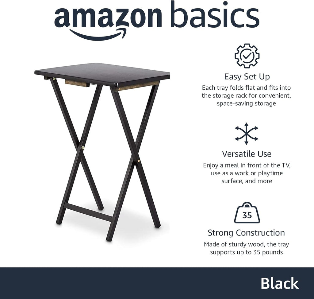 Foldable TV Dinner Tray Table with Storage Rack, Set of 4, Black, 15"