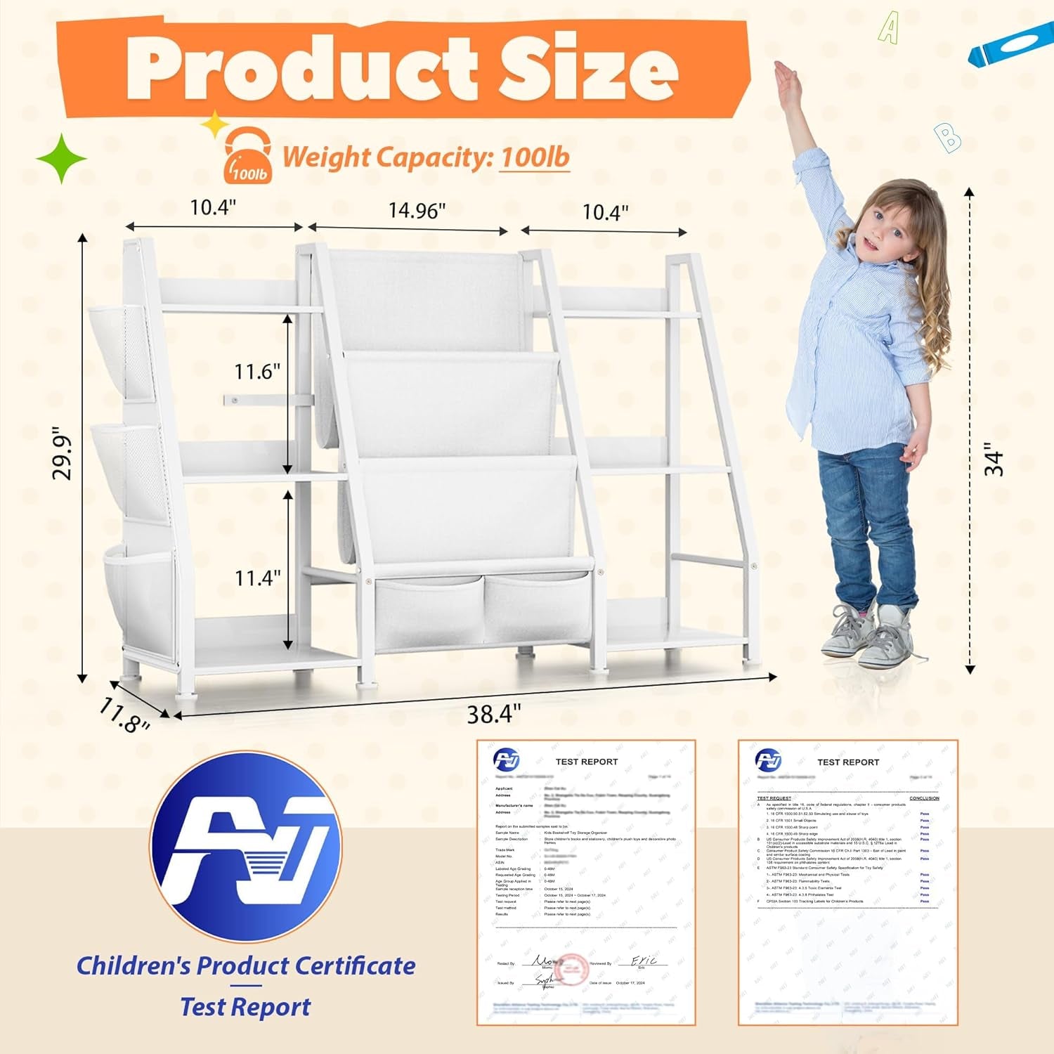 3 Tier Kids Bookshelf Toy Organizer In White Wood And Metal
