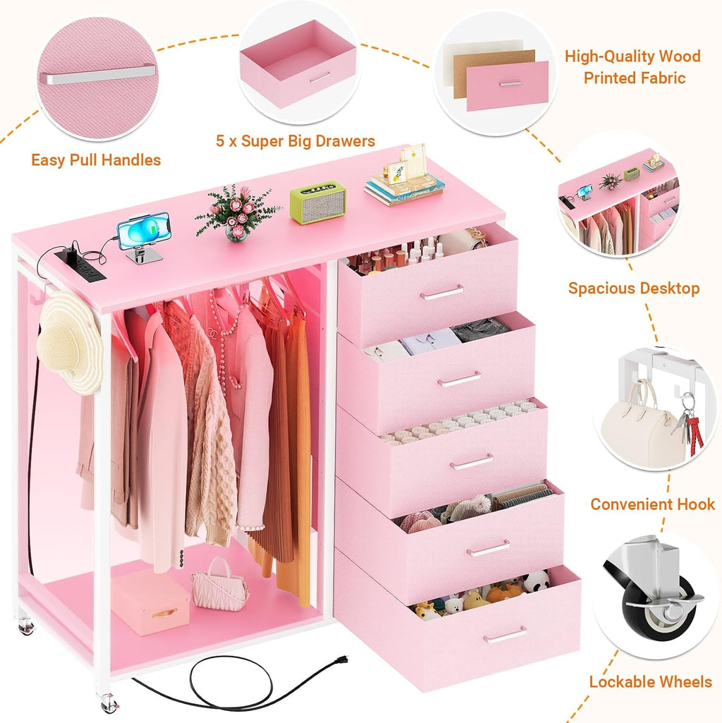 Dresser for Bedroom with Clothes Rack, 5 Drawers Dresser with Charging