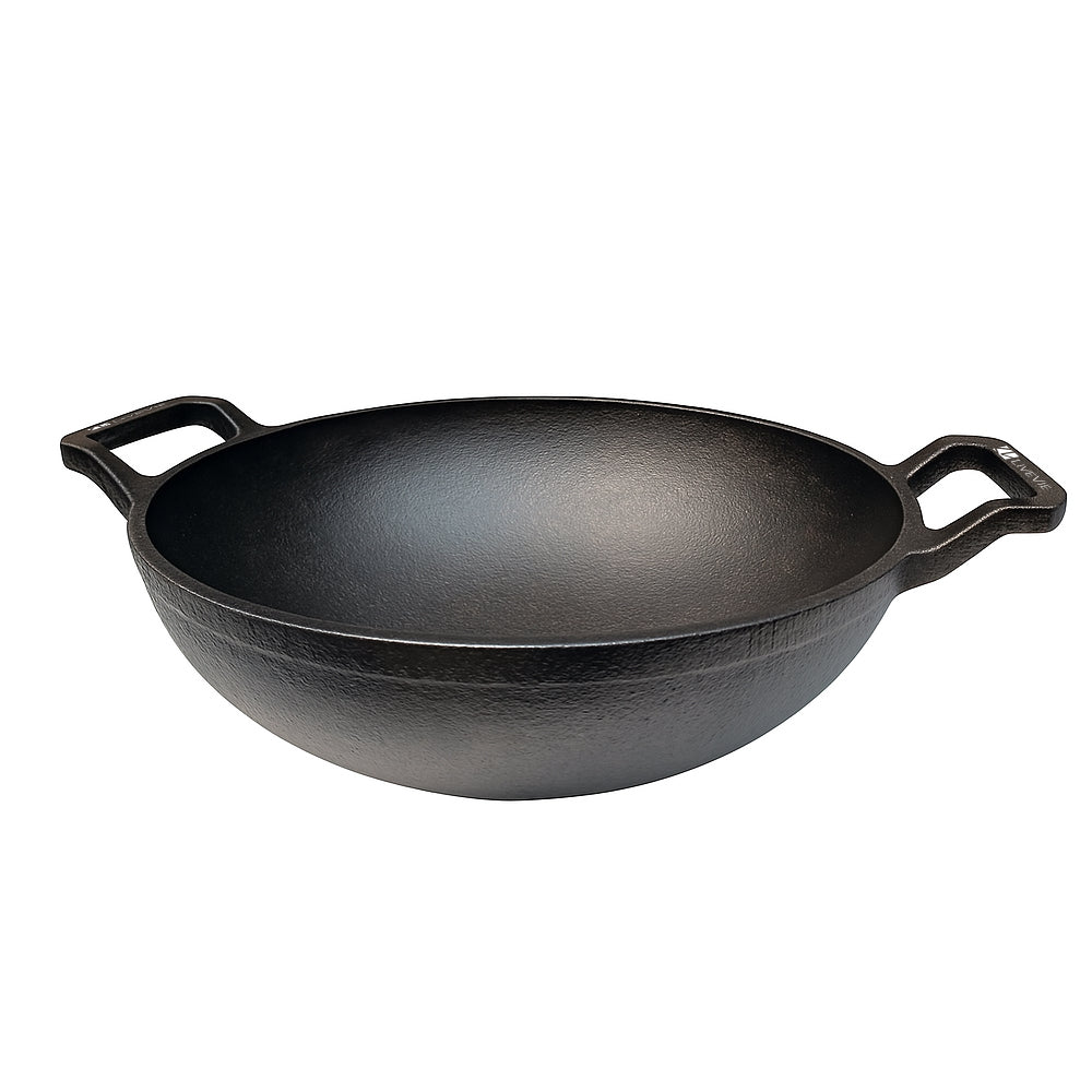 Cast Iron Deep Kadai Wok with Dual Handles, Heavy-Duty Cooking Pot for