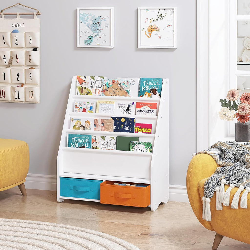Kids Bookshelf with Storage Bins, Book Shelf for Kids Rooms, 4-Tier