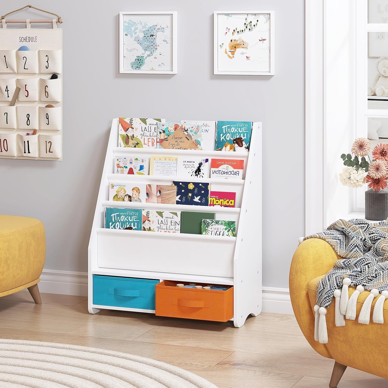 Kids Bookshelf with Storage Bins, Book Shelf for Kids Rooms, 4-Tier