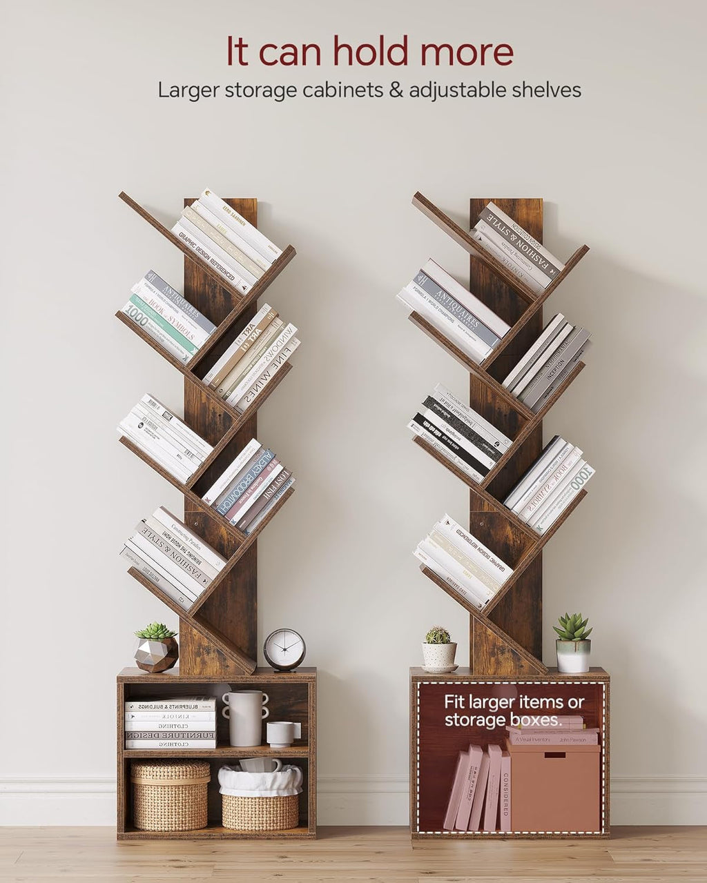 6 Tier Tree Bookshelf with Cabinet Rustic Modern