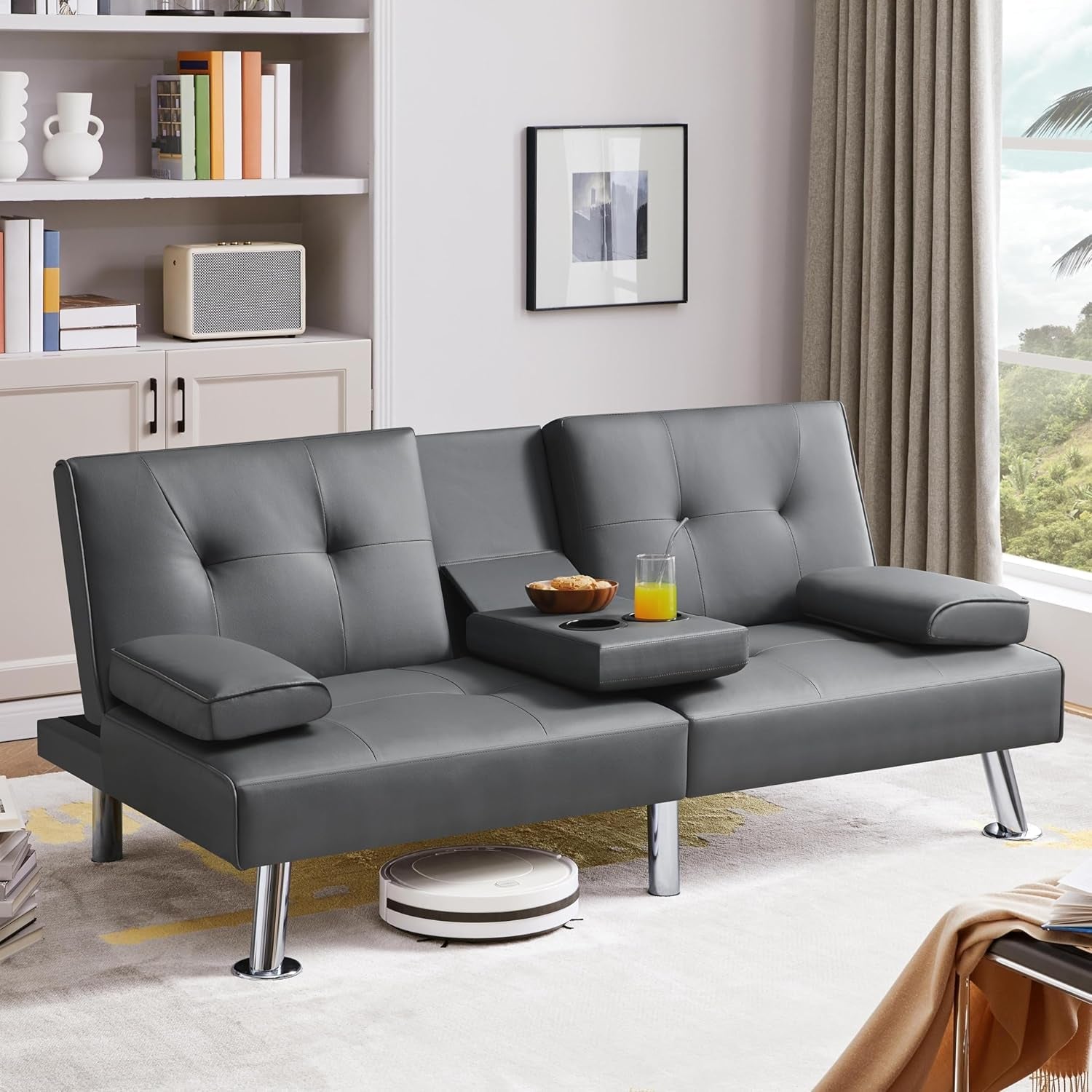 Convertible Sofa Bed Adjustable Couch Sleeper Modern Faux Leather Home