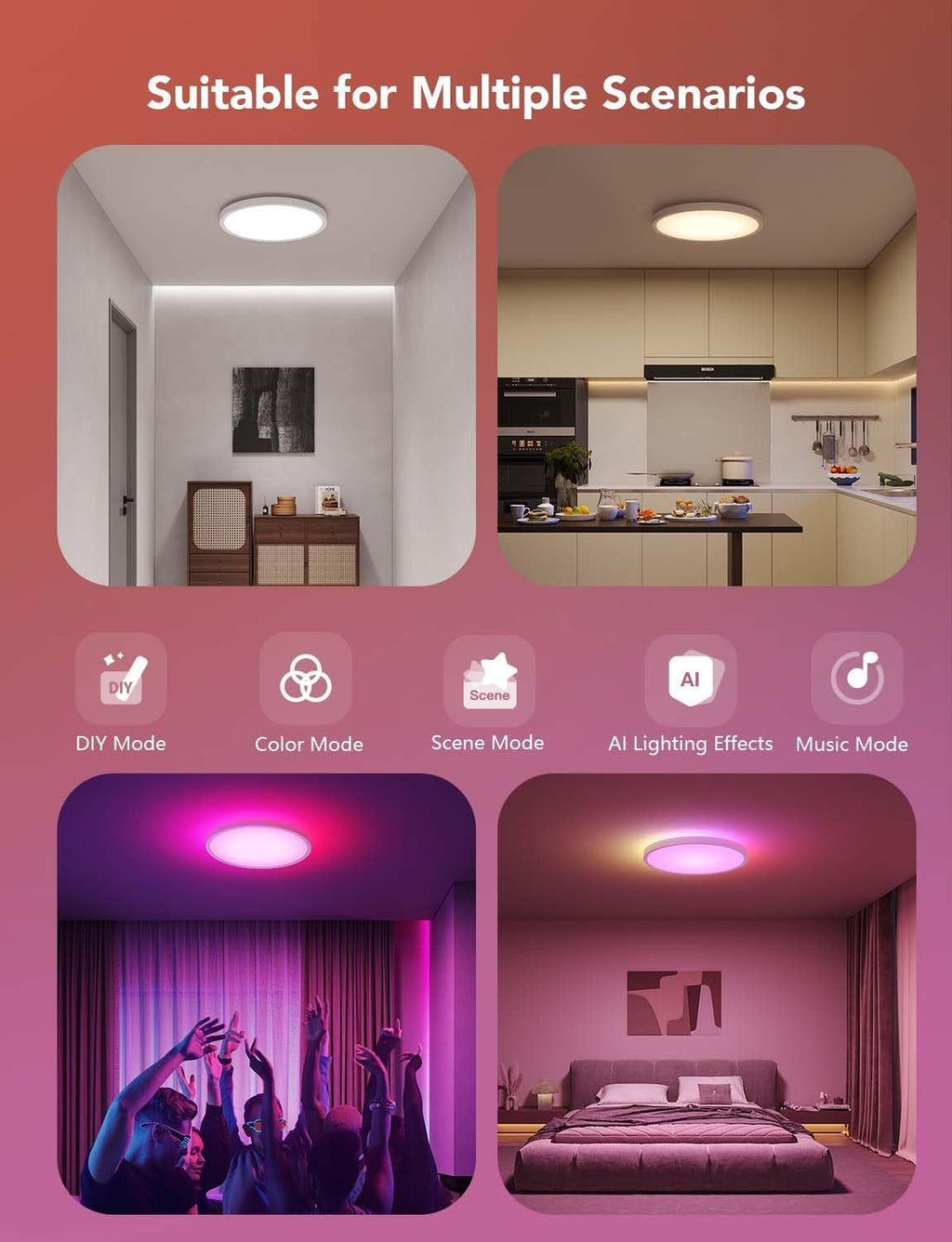 Smart Ceiling Light, RGBIC LED Ceiling Light Fixture, 2400LM Flush