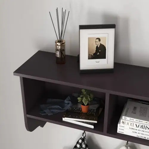 Espresso Entryway Wall Mounted Coat Rack With 4 Dual Hooks Living Room Wooden Storage Shelf