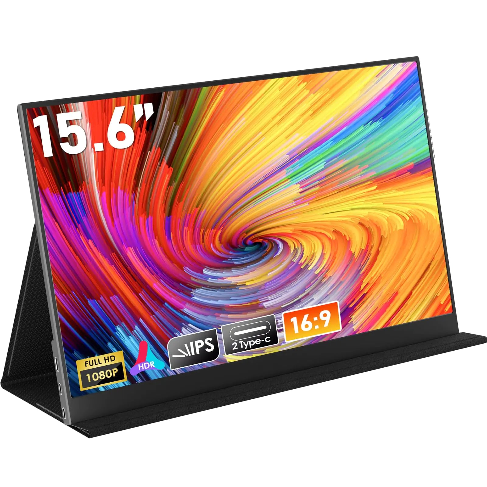 HONGO Portable Monitor 15.6 1080P FHD USB-C Portable Laptop Monitors Smart Cover & Dual Speaker HDMI Computer Display IPS HDR External Gaming Monitor for PC Phone Mac Xbox PS4 Switch