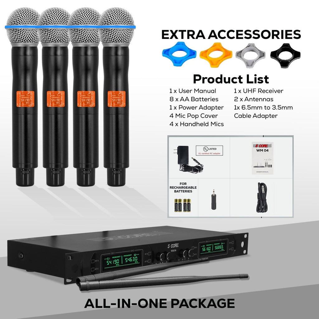 5 Core Wireless Microphone System 4 Channel UHF 492F Range Portable