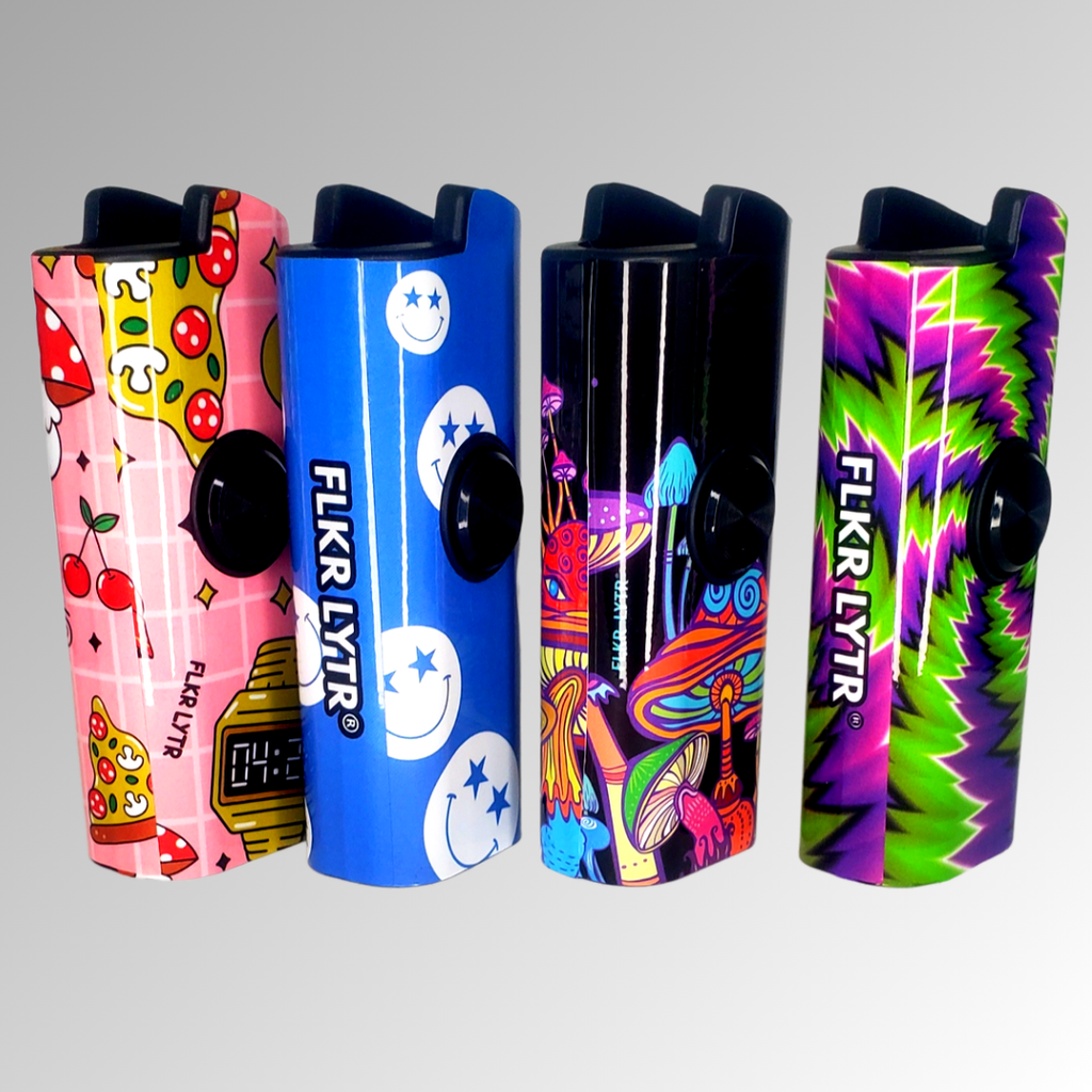 FLKR LYTR® Amazon Prime Fidget Spinner Lighter Case 4 pack for Bic Lighter® Case Pink Alien, Trippy, Large Mushroom Garden, So High