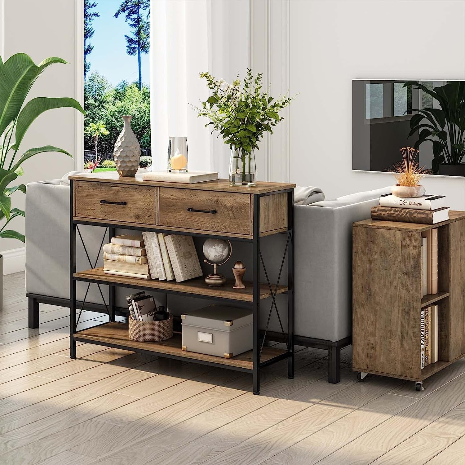 Rustic Brown Industrial Console Table With Storage Shelves