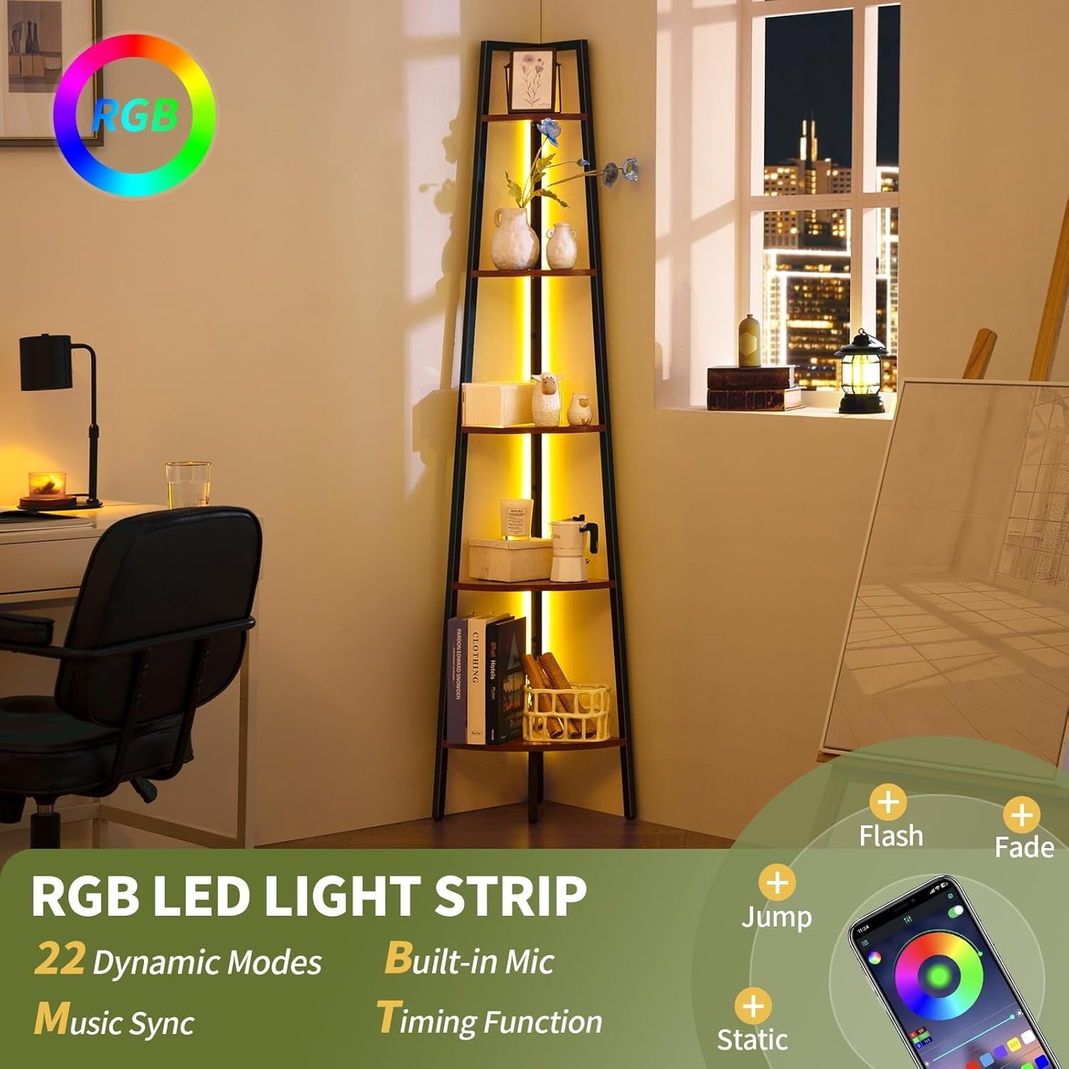 Corner Shelf Stand, 5-Tier Corner Bookshelf with LED Light Corner
