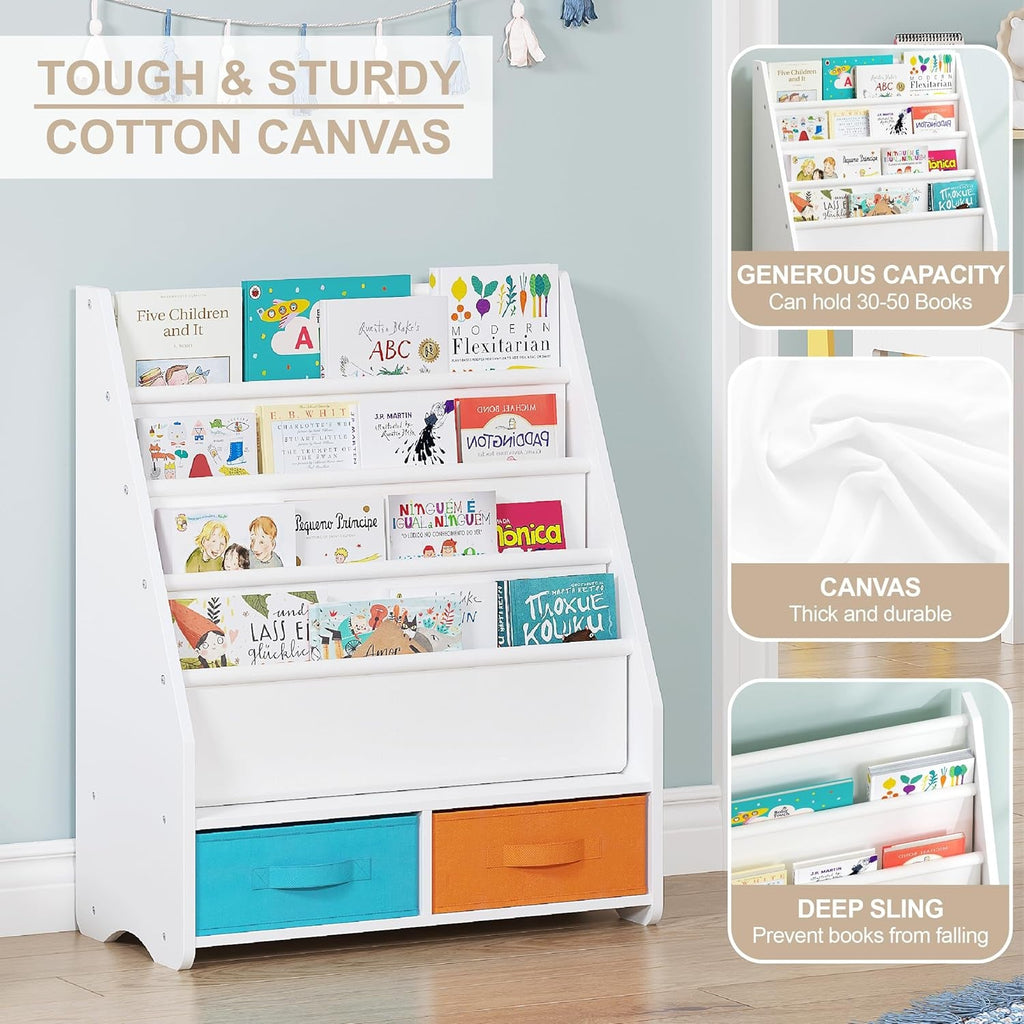 Kids Bookshelf with Storage Bins, Book Shelf for Kids Rooms, 4-Tier