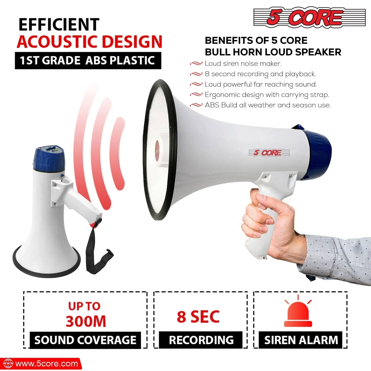 5Core Megaphone Bullhorn Speaker 20W Bull Horn Battery Power Cheer
