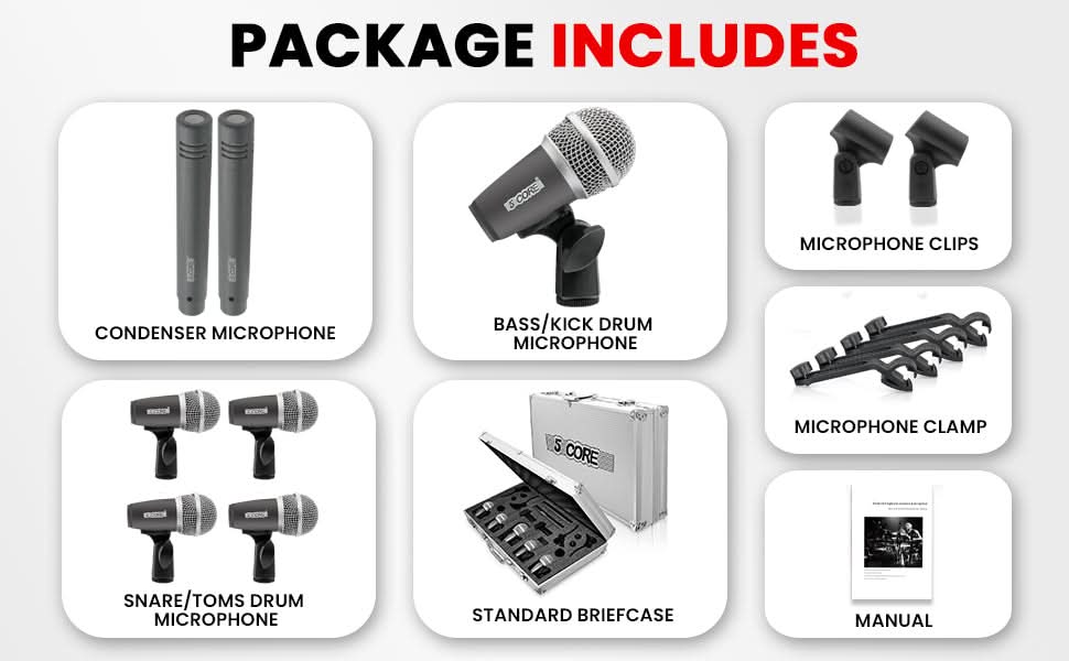 5Core Drum Mic Kit 7 Pcs Kick BassTom Snare Dynamic Mics Instrument