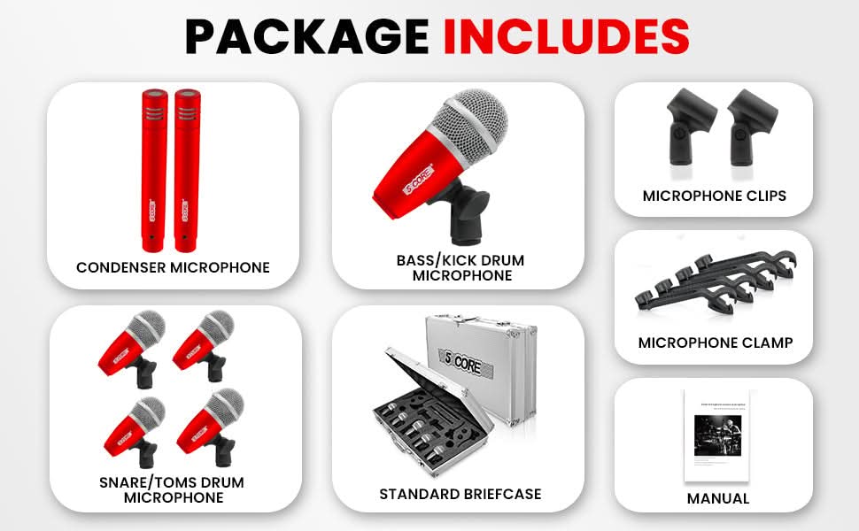 5Core Drum Mic Kit 7 Pcs Kick BassTom Snare Dynamic Mics Instrument