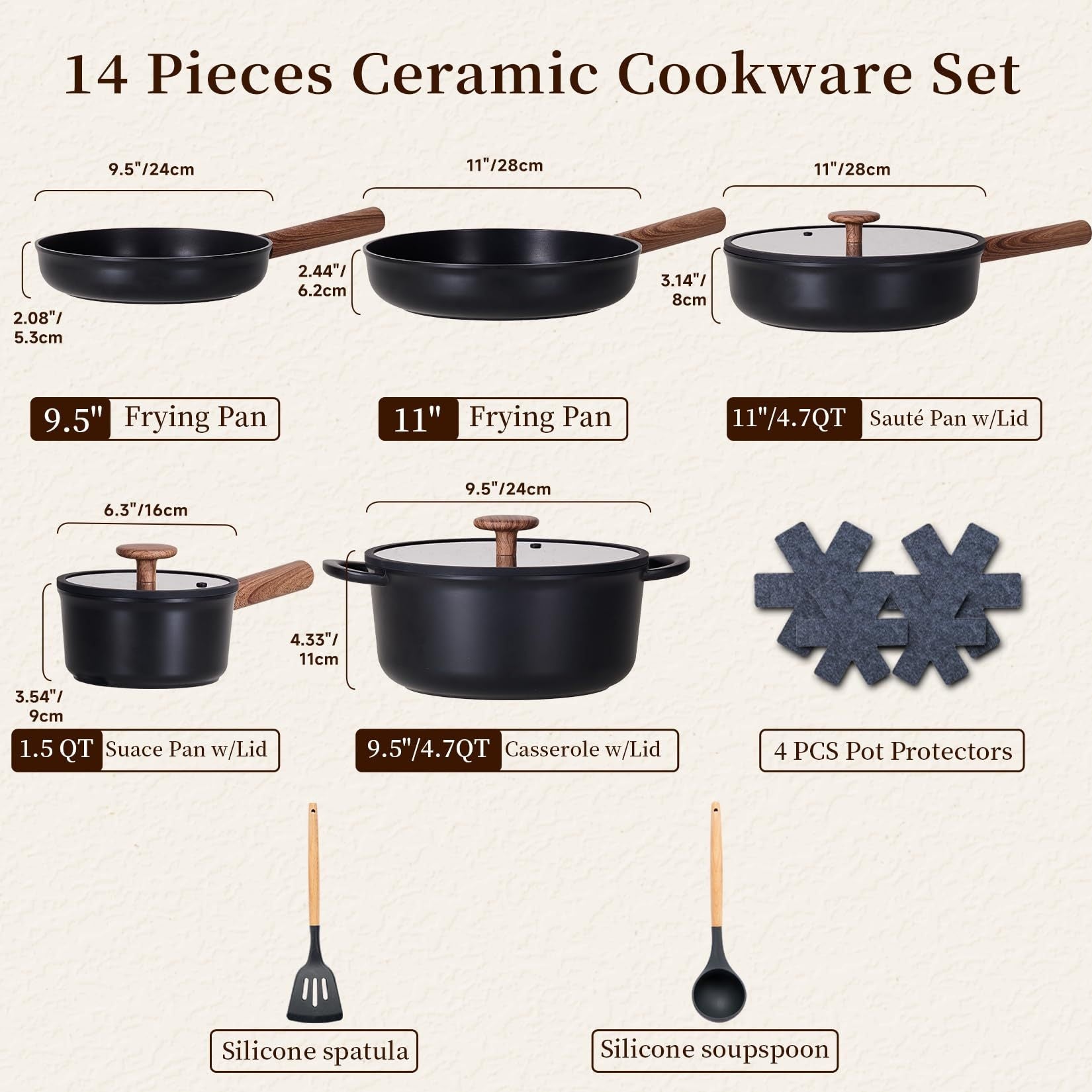 Ceramic Cookware Sets 15 Pcs, Healthy Pots And Pans Set Non Stick,