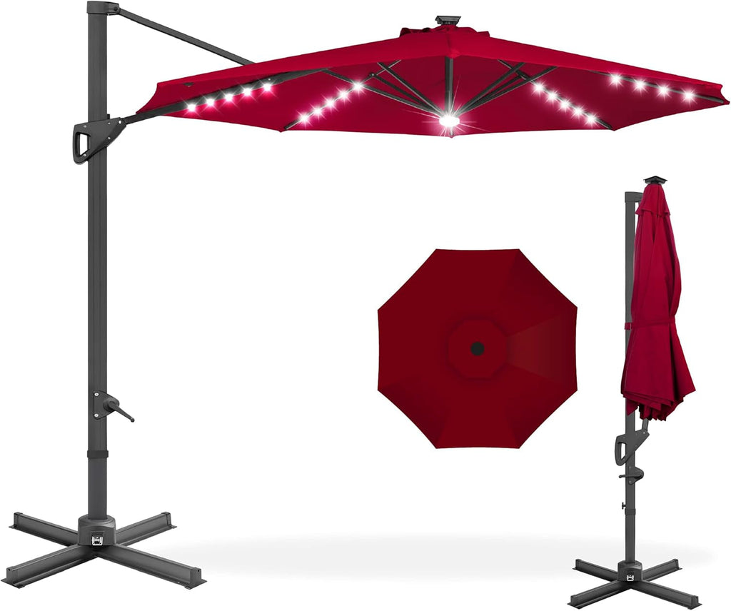 10Ft Solar LED Cantilever Patio Umbrella, 360-Degree Rotation Hanging