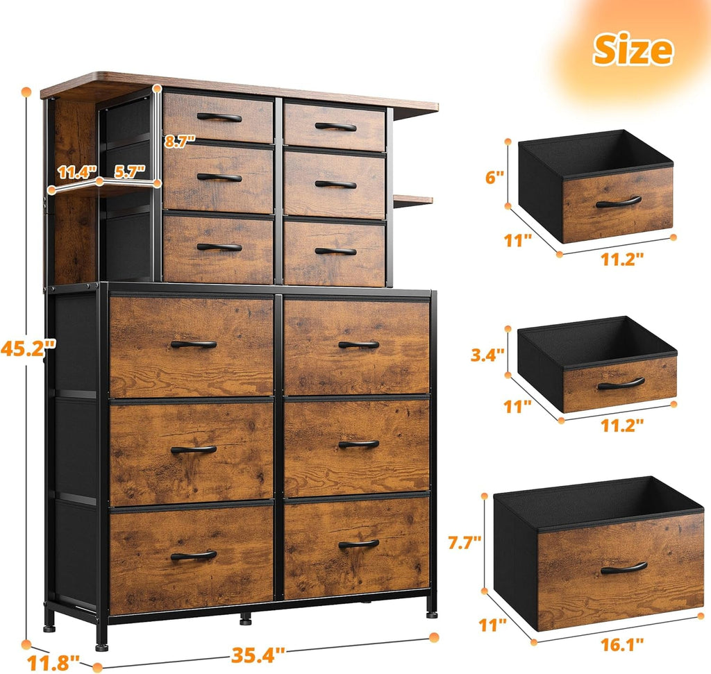Bedroom Dresser With LED Lights 12 Drawers Rustic Brown