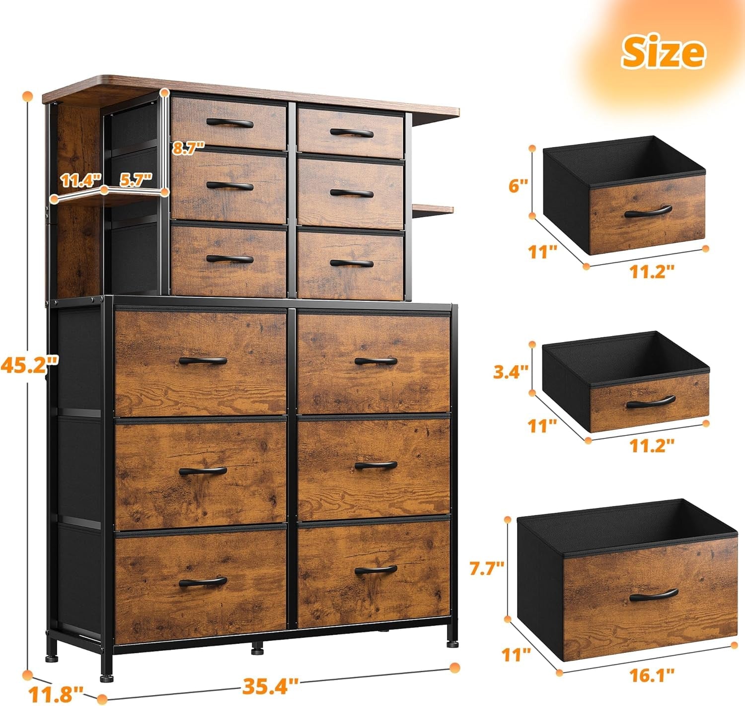 Bedroom Dresser With LED Lights 12 Drawers Rustic Brown