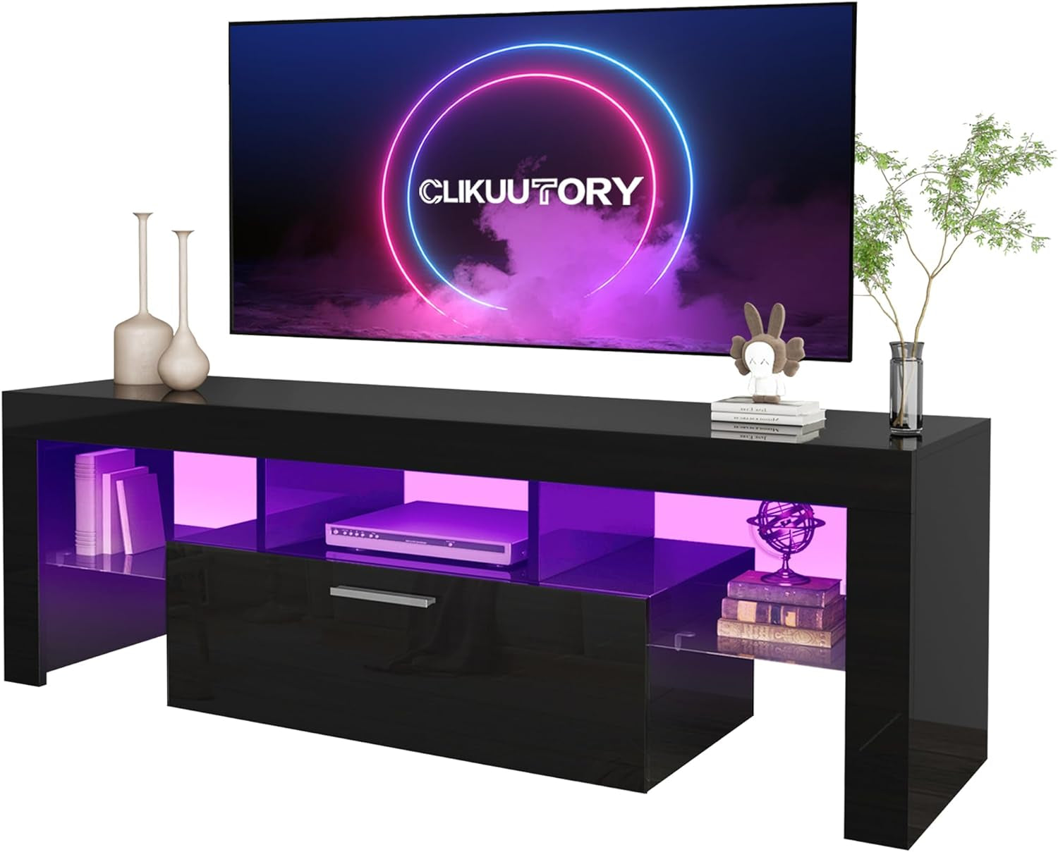 Black LED TV Stand with Large Storage Drawer for 32 40 50 55 Inch Tvs,