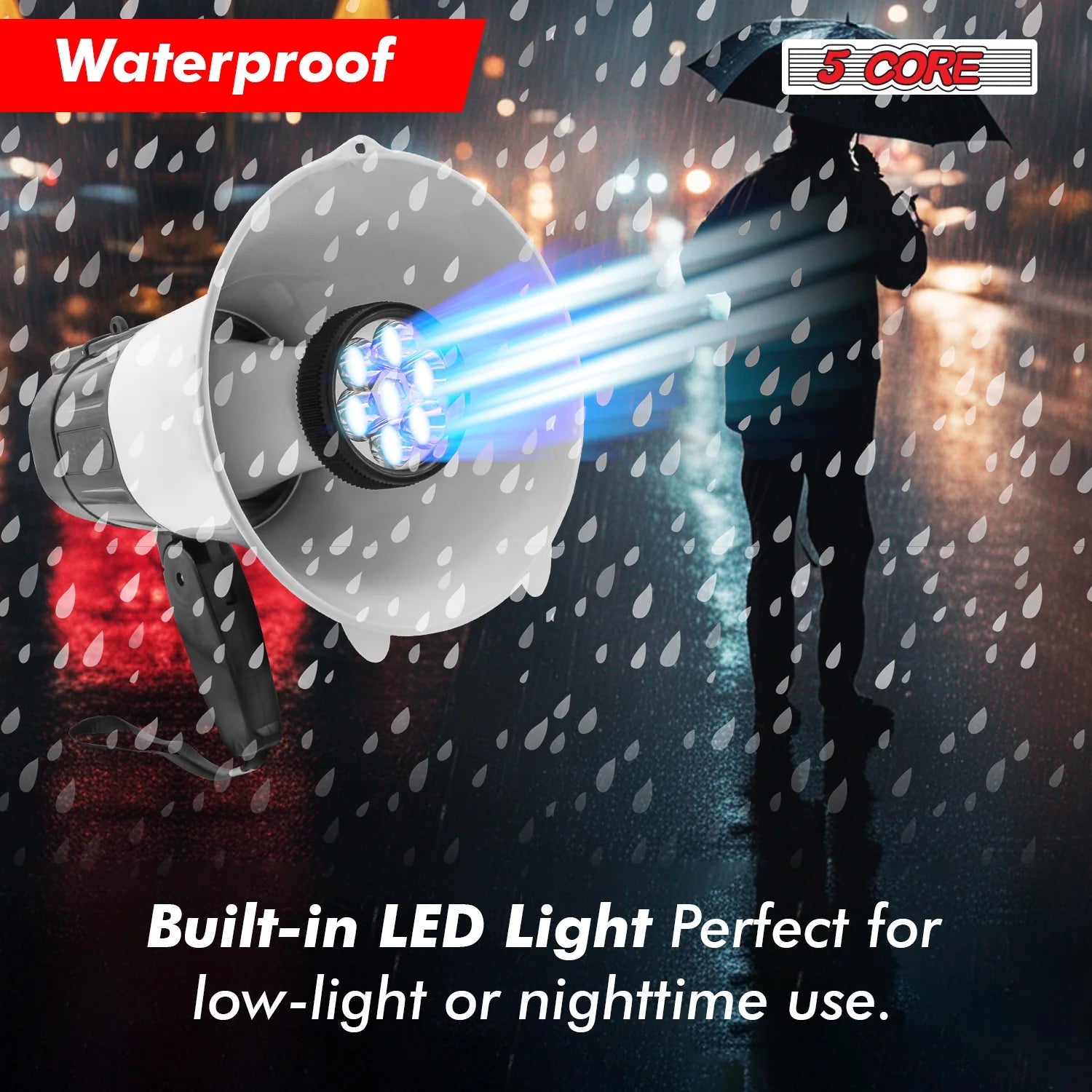 5Core Megaphone Bullhorn Speaker 30W LED Bull Horn Battery Power Cheer