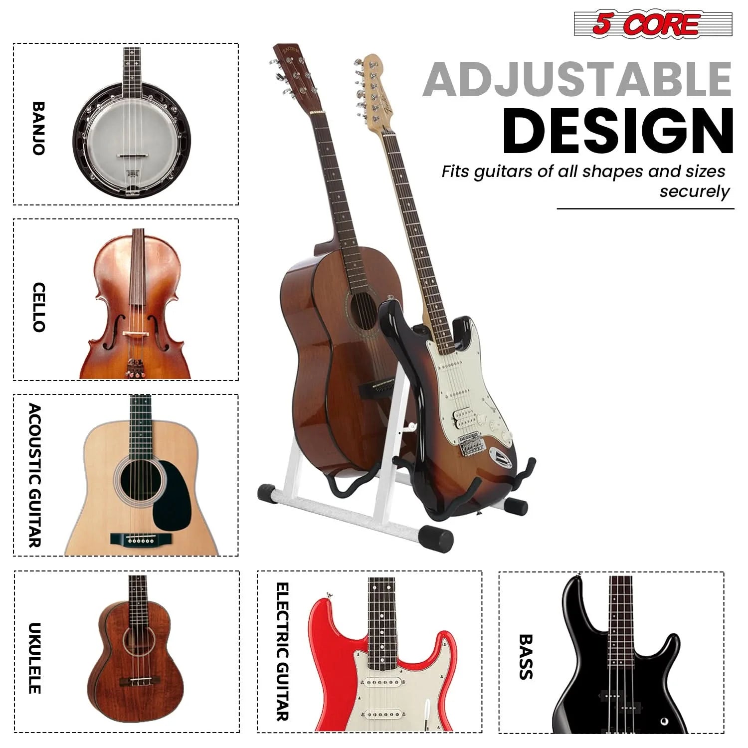 5Core Double Guitar Stand Floor Adjustable a Frame Folding Acoustic
