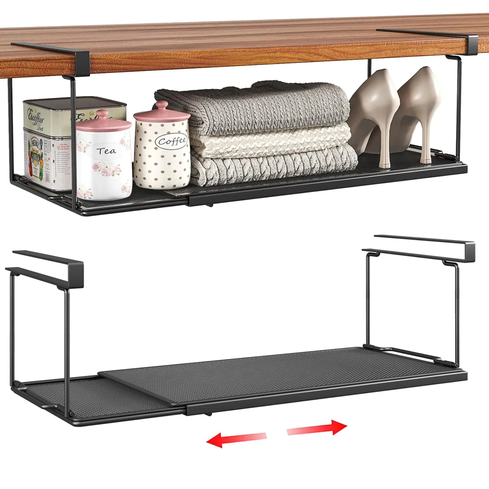 SHINEWON Expandable Under Cabinet Shelf Extendable Under Shelf Storage with 0.94 Inches Thick Clips for Shoe Rack Pantry Cabinet Laundry Room. (Black 2 Pack Interior: 6" H x 8.26" D)