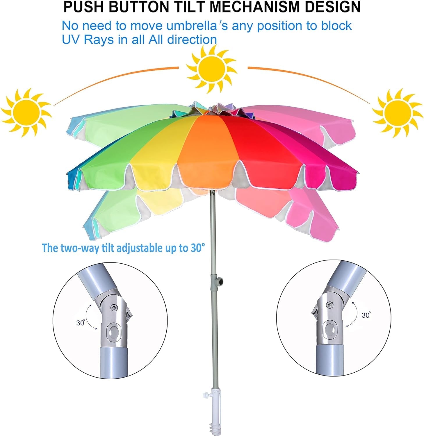 7.5Ft Heavy Duty HIGH Wind Beach Umbrella with Sand Anchor & Tilt Sun