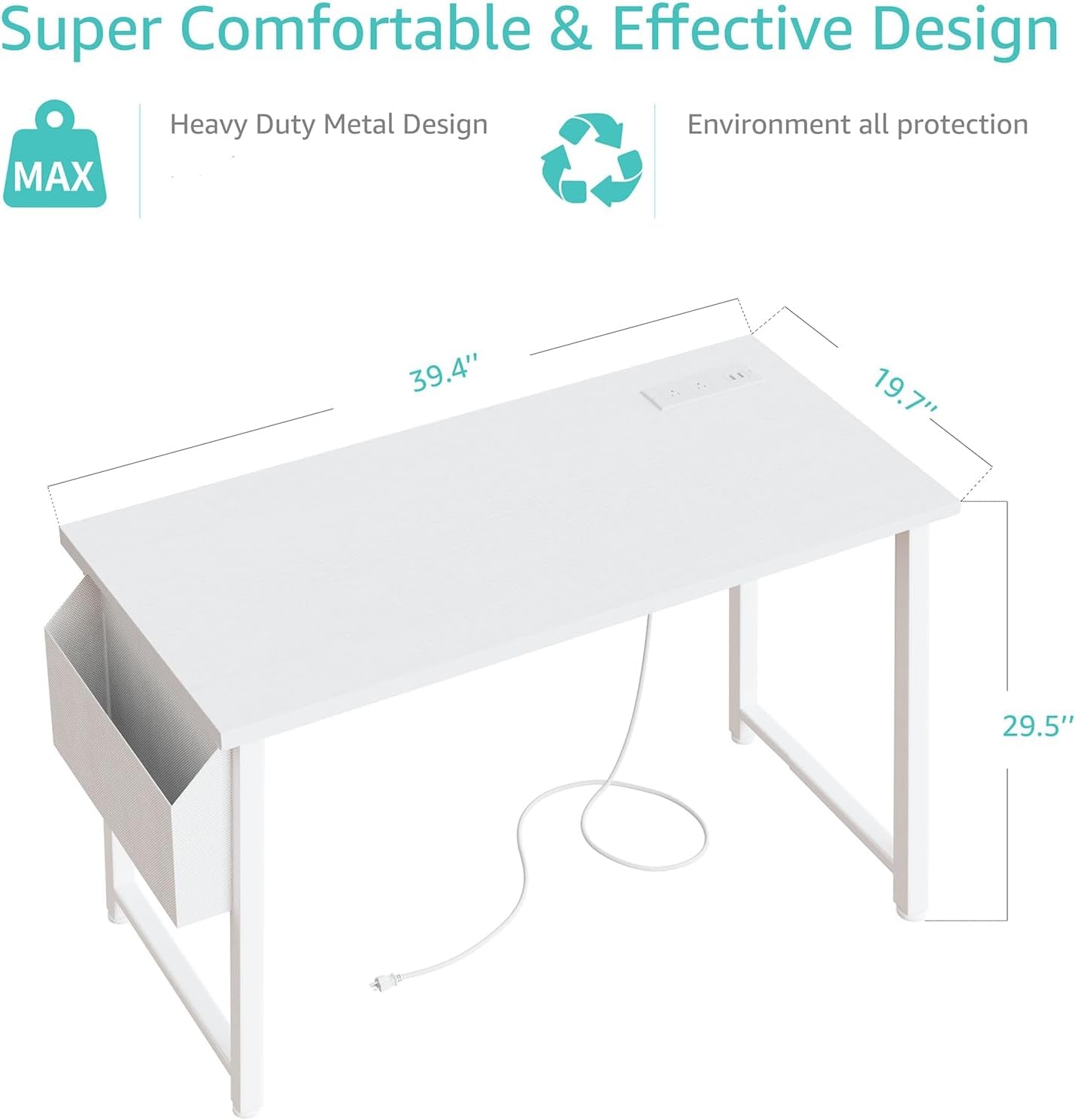 39 Inch White Computer Desk with Power Outlet, 40 Inch Teen Study