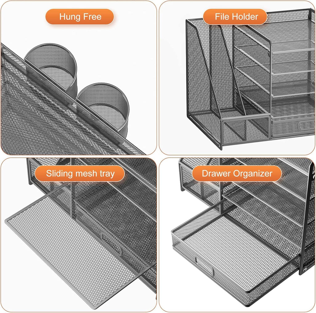 Grey 5-Tier Mesh Desk Organizer with Drawer