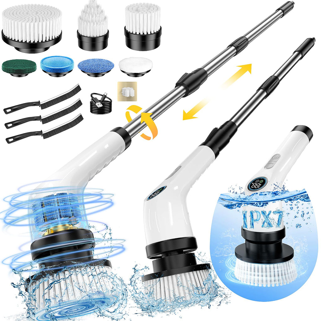 Electric Spin Scrubber Full-Body IPX7 Waterproof Cordless Power Cleaning Brush with Adjustable Extension Handle 2-Speed Shower Scrubber with 7 Replaceable Brush Heads for Bathroom Kitchen Cleaning