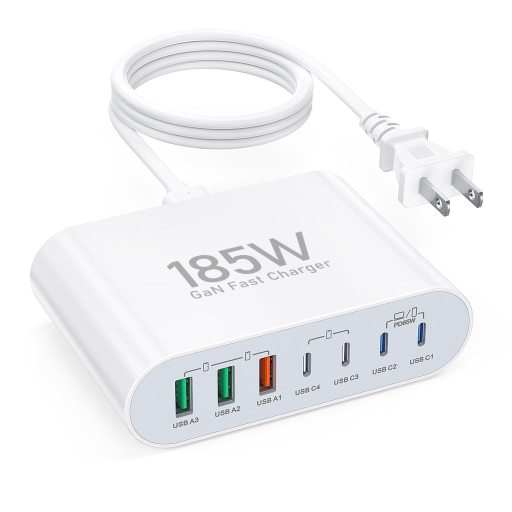185W USB C Wall Charger7 Port Compact PD GaN Fast Charging Station Block Hub Laptop Charger Brick Power Adapter for MacBook Pro/Air iPad Pro iPhone16/15/14AirPods4，watch10 ultra2