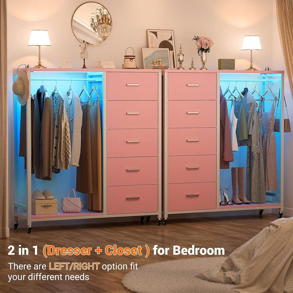 Dresser for Bedroom with Clothes Rack, 5 Drawers Dresser with Charging