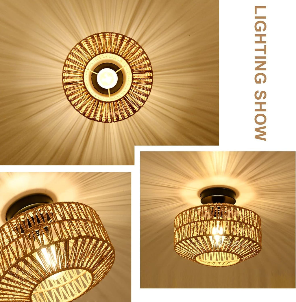 Mini Rattan Ceiling Light Fixture With Dimmable LED Bulb