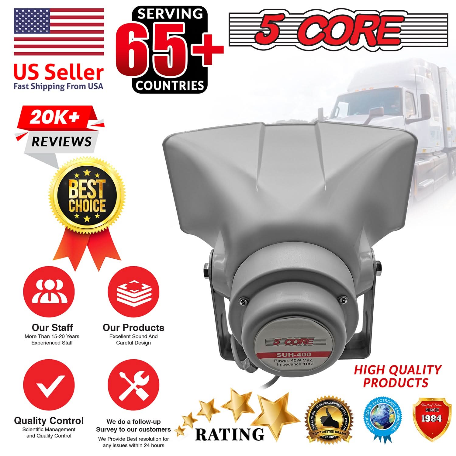 5 Core PA Horn Speaker Outdoor 8x16" Siren Loudspeaker 40W RMS Loud