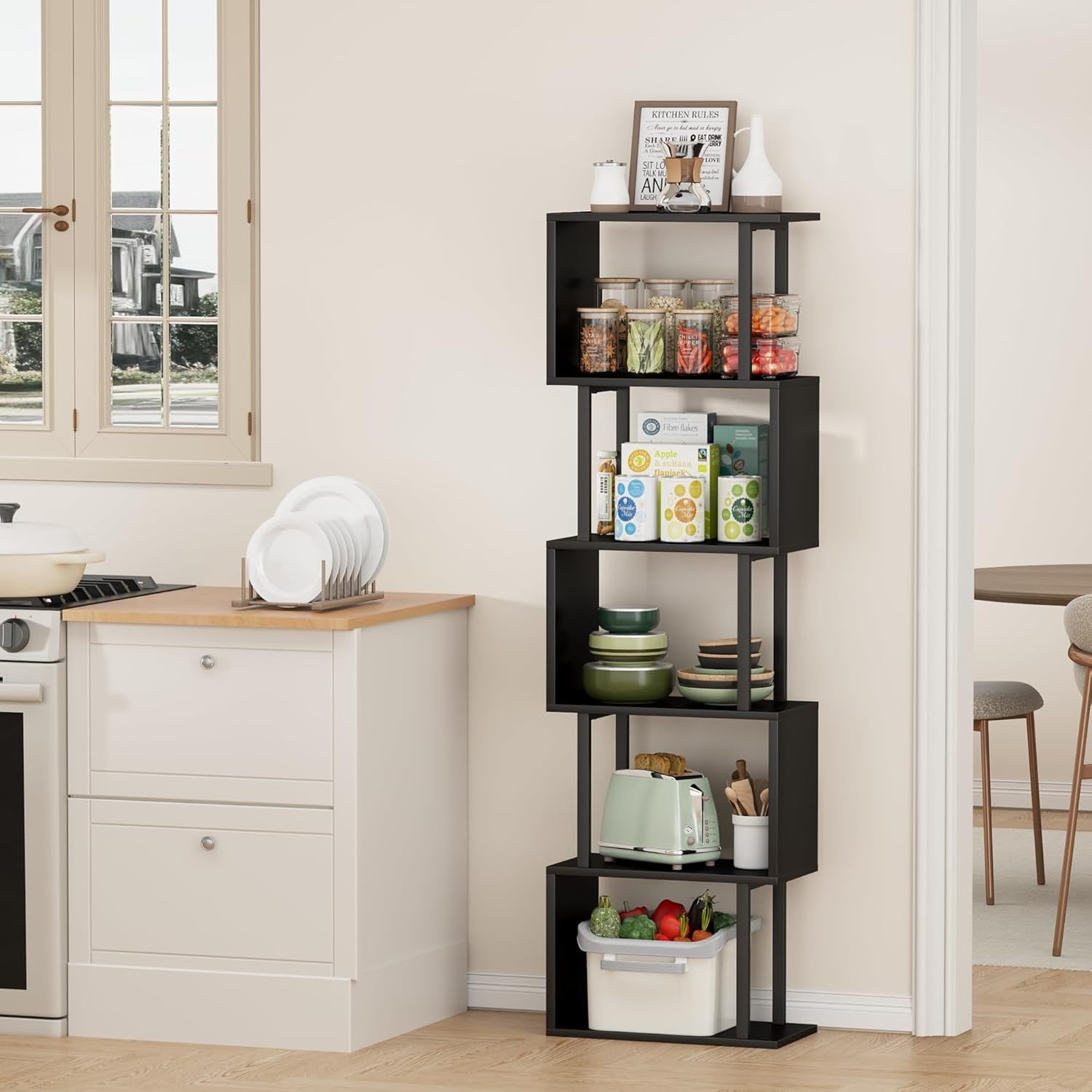 5-Tier Bookshelf, Tall S-Shaped Geometric Bookcase, Wood and Metal