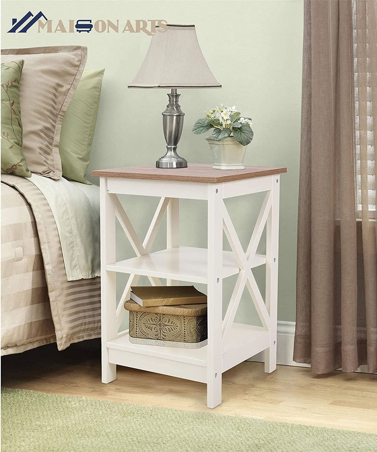 Rustic Ivory End Table Set Of 2 With Shelves 23.6 Inch