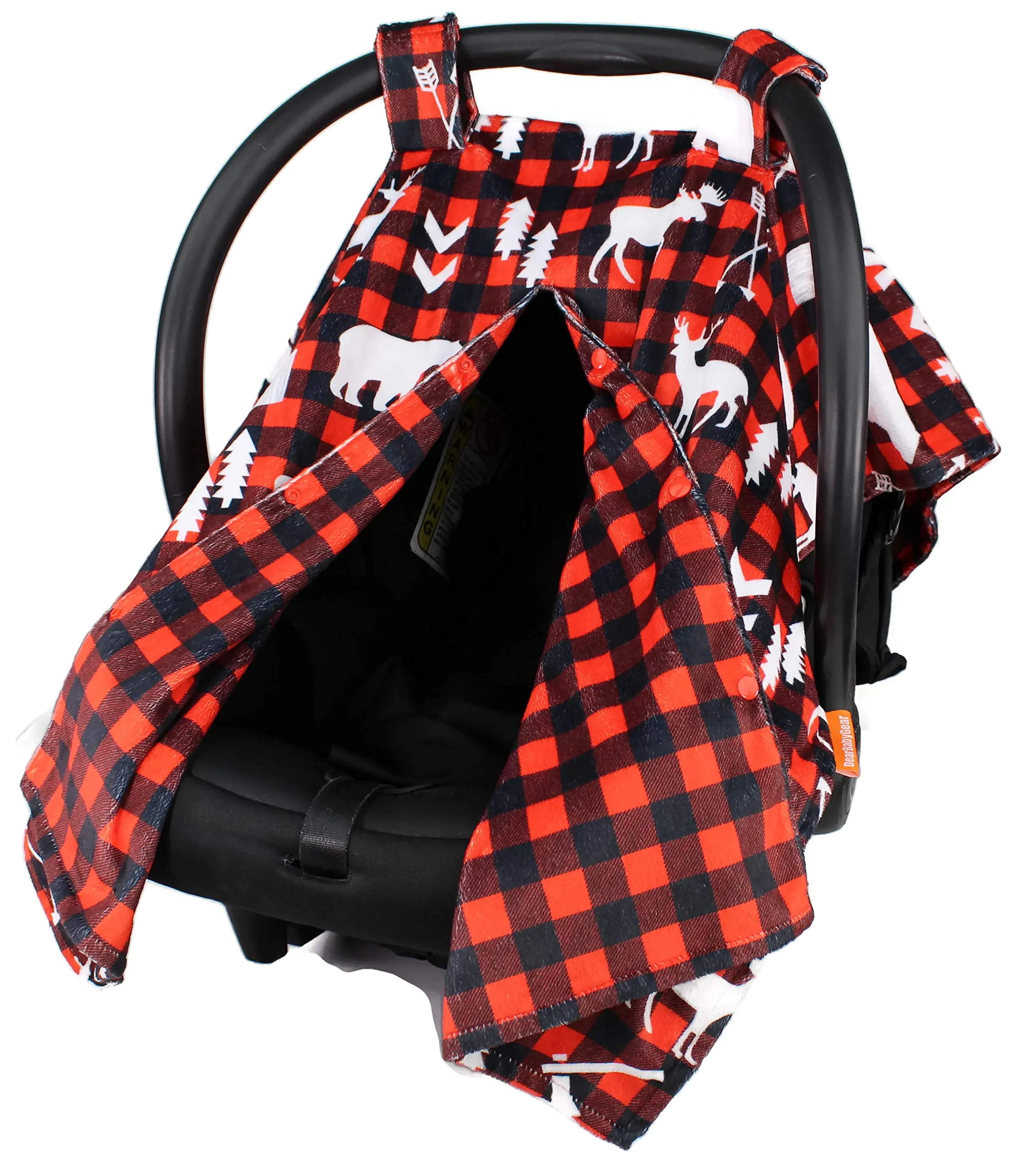 Dear Baby Gear Deluxe Reversible Car Seat Canopy Custom Minky Print Lumberjack Plaid and Northwoods
