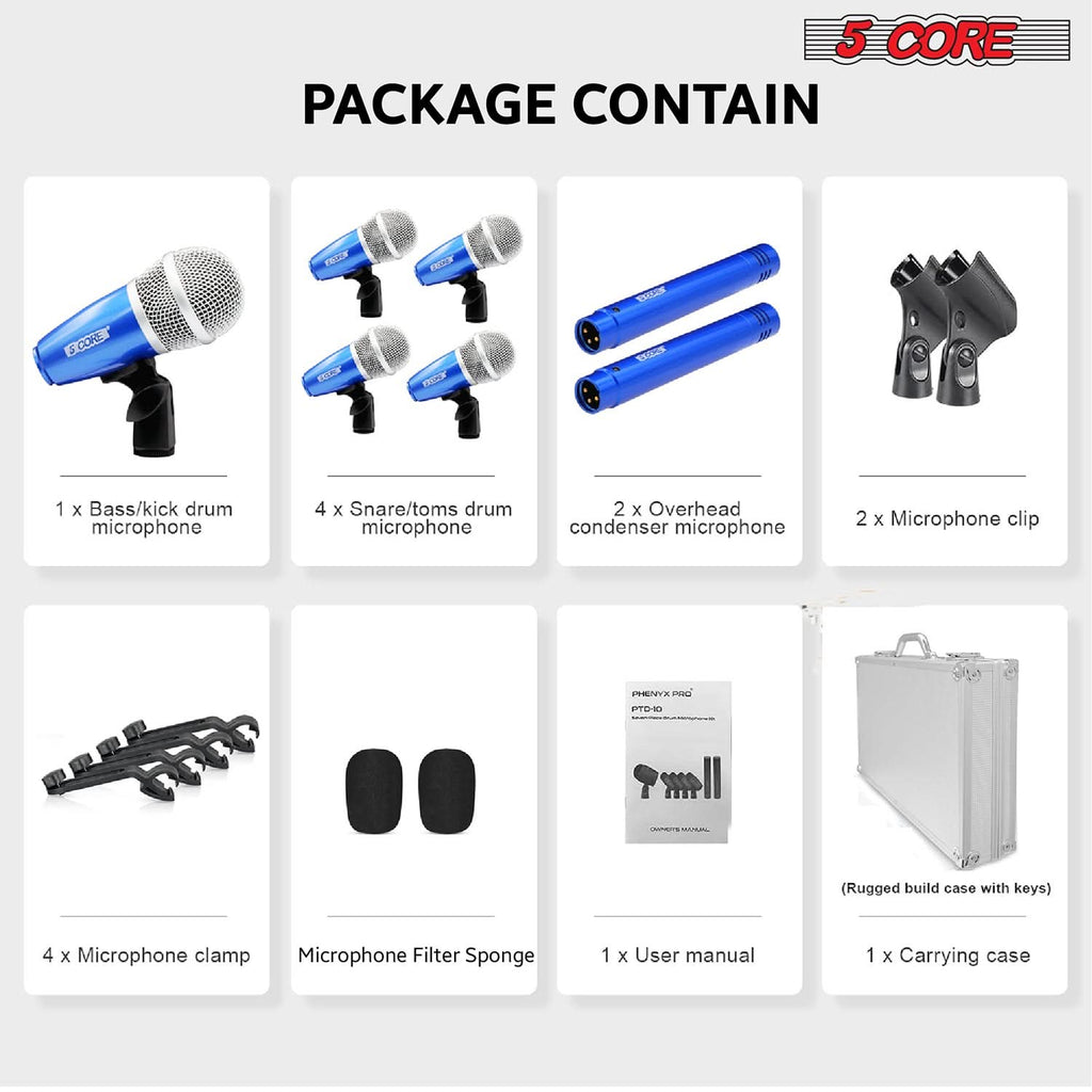 5Core Drum Mic Kit 7 Pcs Kick BassTom Snare Dynamic Mics Instrument