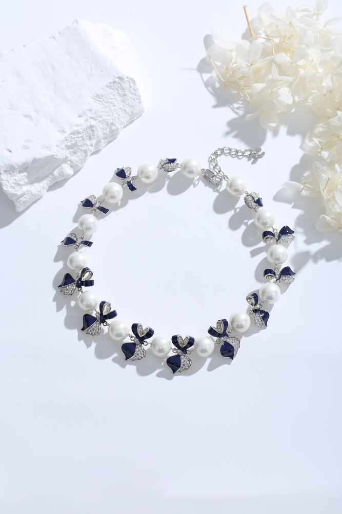Blue Enamel Butterfly Pearl Choker Necklace