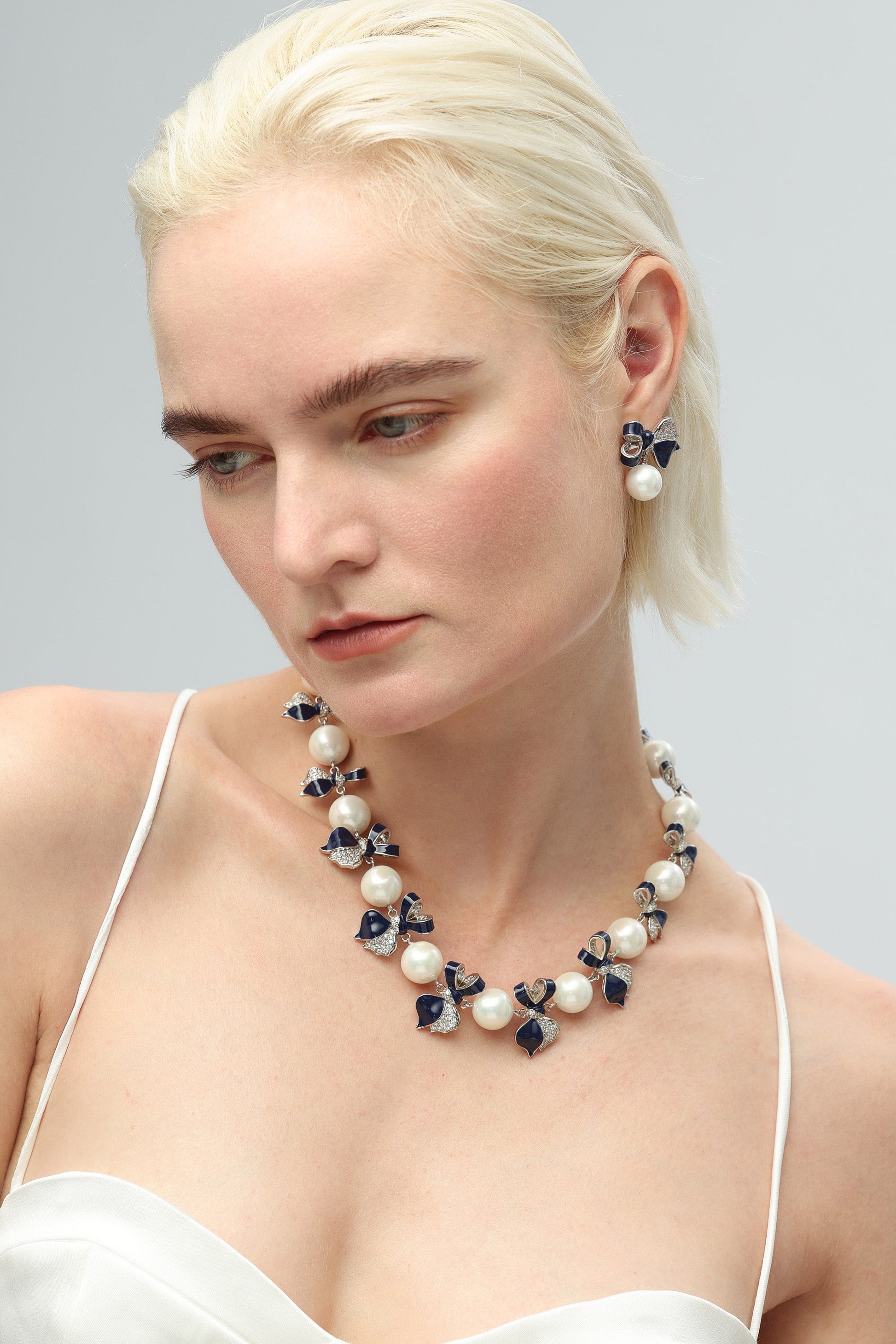 Blue Enamel Butterfly Pearl Choker Necklace